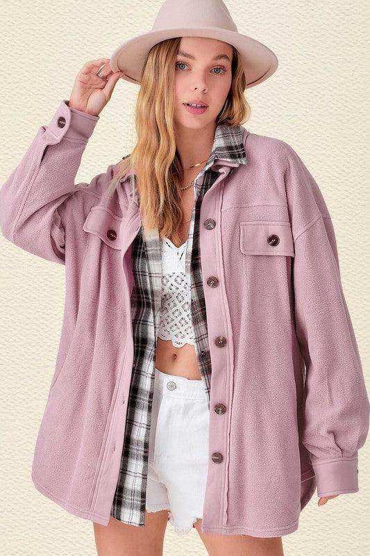 La Miel Women's Warm Vacation Jacket in Pink with Flannel Detail and Oversized Fit