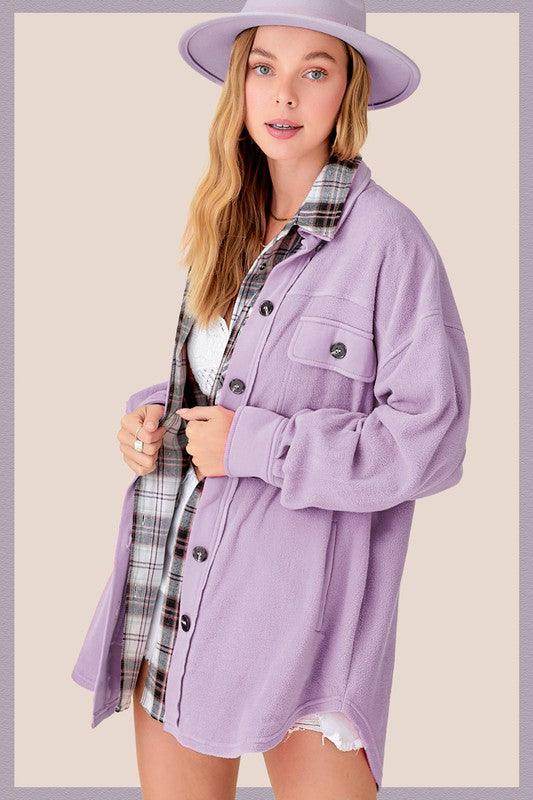 La Miel Women's Warm Vacation Jacket in Lavender with Button Closure and Plaid Lining