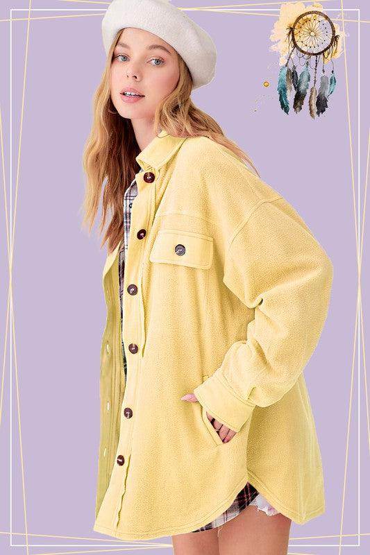 La Miel Warm Vacation Jacket in Soft Yellow with Button Closure and Pockets for Casual Outings