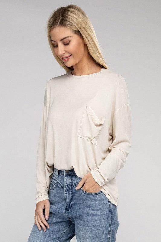 Women's Shirts Washed Ribbed Dolman Sleeve Round Neck Top