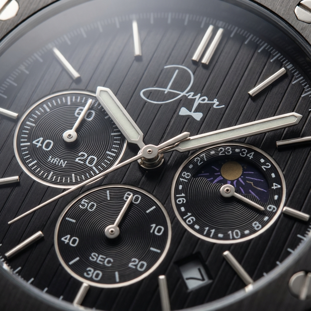 Dapper men's watch with black dial and chronograph features