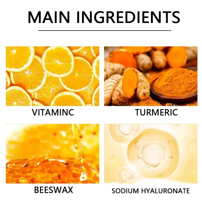 Ingredients for vitamin c turmeric hand mask: orange, turmeric, beeswax, hyaluronic acid