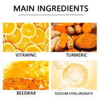 Ingredients for vitamin c turmeric hand mask: orange, turmeric, beeswax, hyaluronic acid