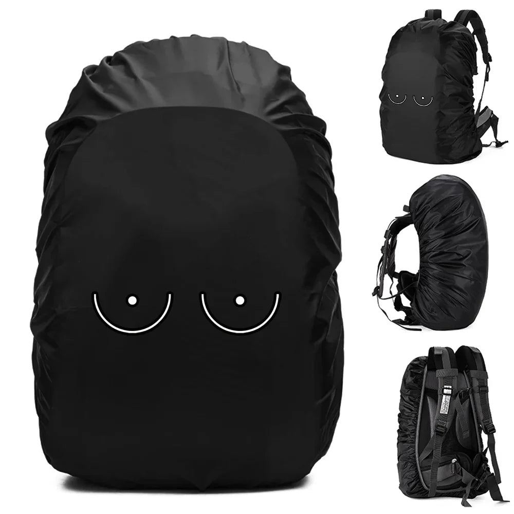 Black waterproof backpack rain cover with playful design for protection