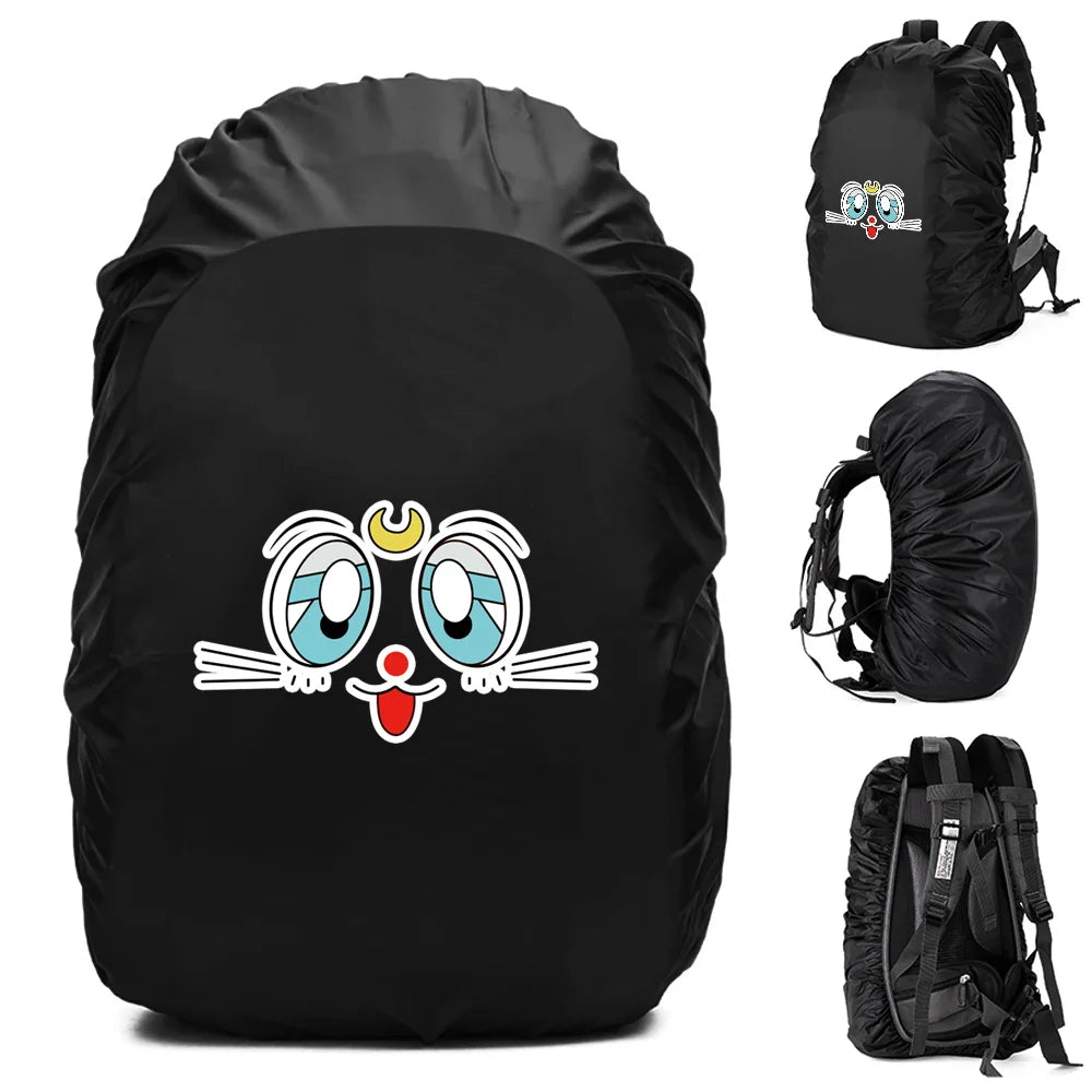 Black waterproof backpack rain cover with playful cat design for outdoor protection