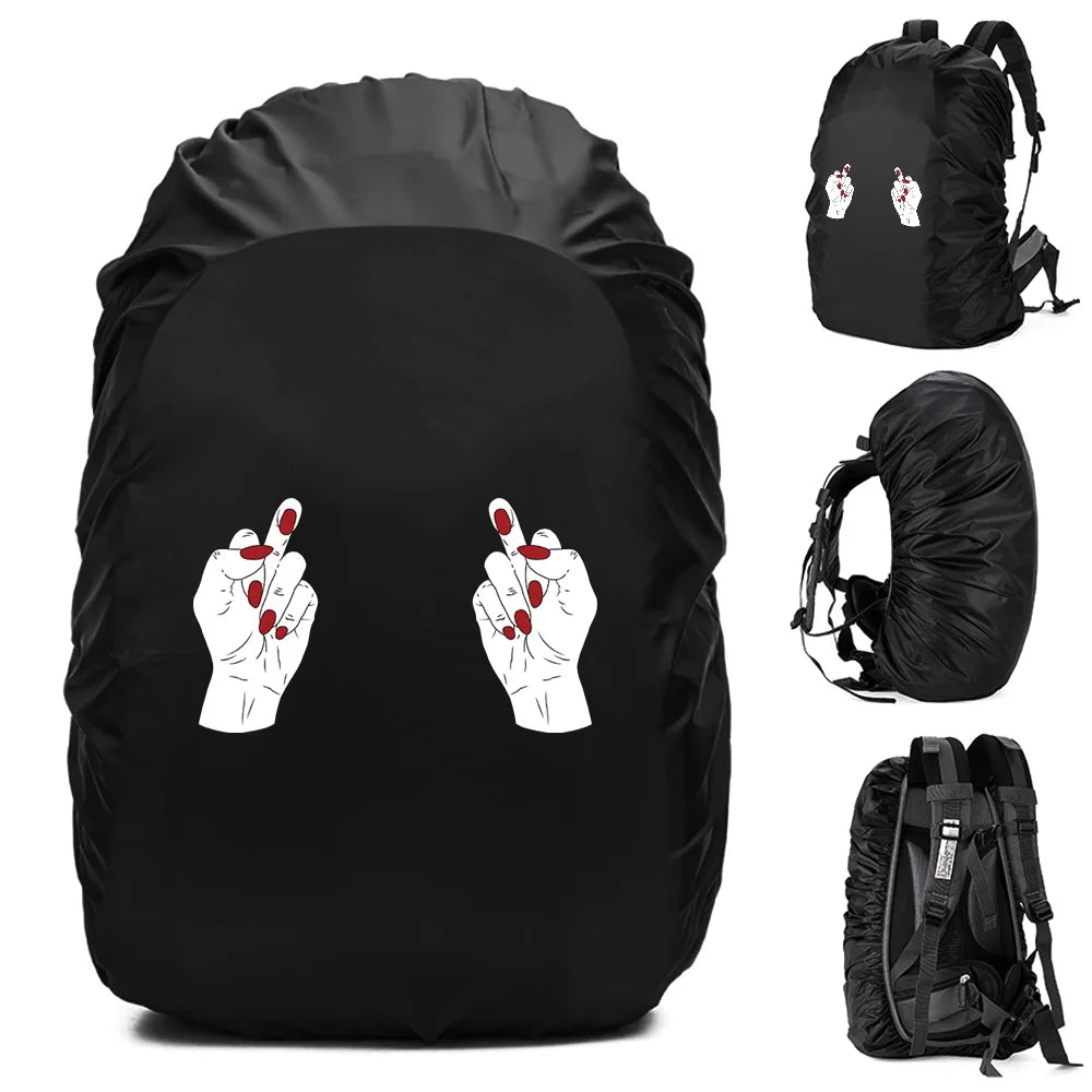 Black waterproof backpack rain cover with graphic design