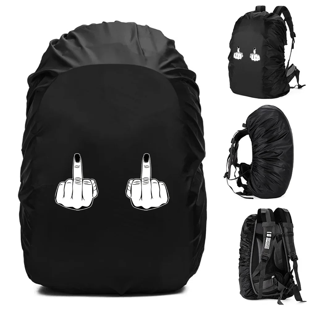 Black waterproof backpack rain cover with unique graphic design