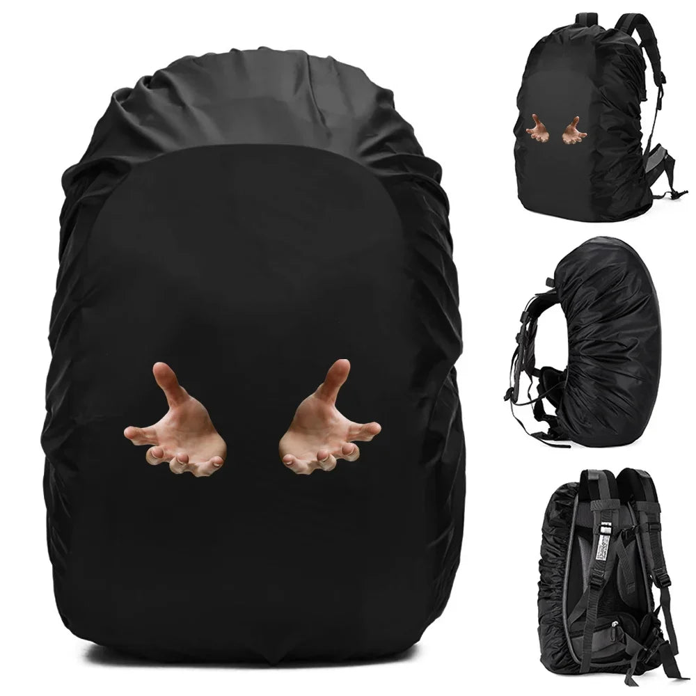 Black waterproof backpack rain cover with expressive hand design