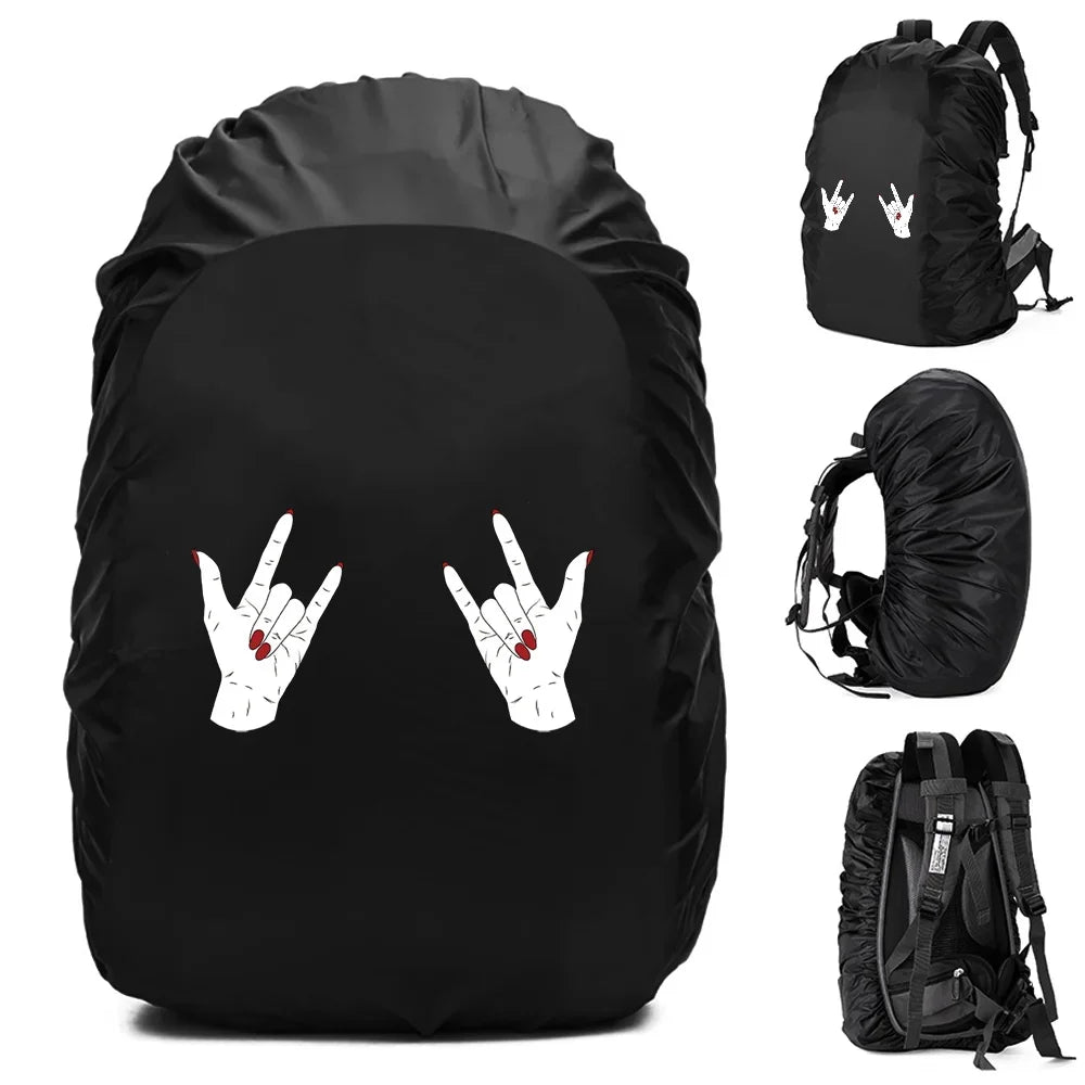Black waterproof backpack rain cover with rock hand design for outdoor use