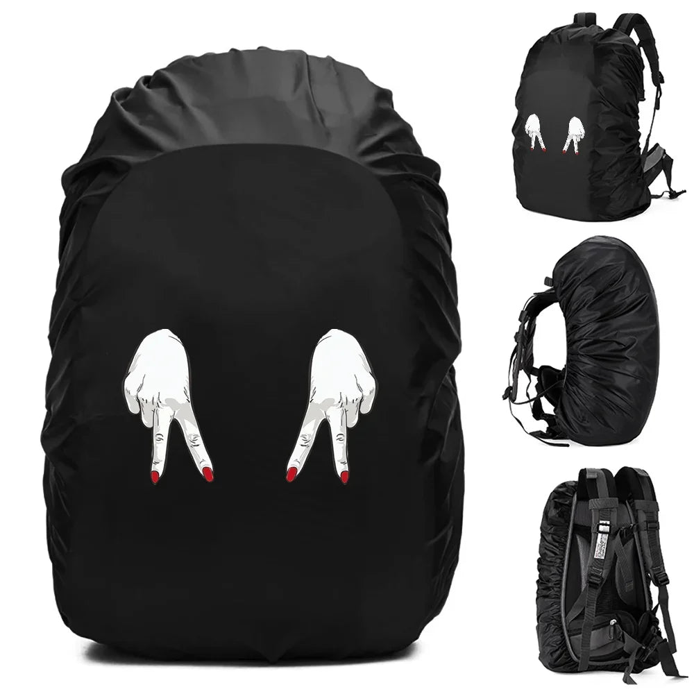 Black waterproof backpack rain cover with hand graphic for protection