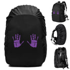 Black waterproof backpack rain cover with purple handprints design