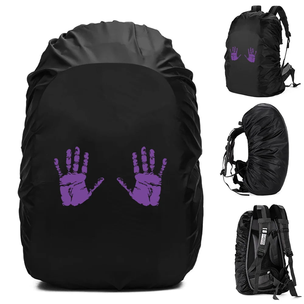 Black waterproof backpack rain cover with purple handprints design