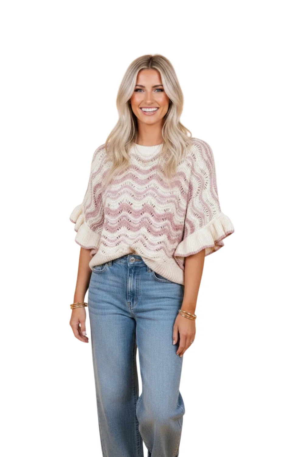 Wavy Stripe Ruffle 3/4 Sleeve Crochet Sweater