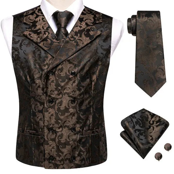 Elegant black paisley vest set with matching tie and pocket square