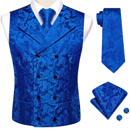 Men's blue satin vest set with tie and pocket square for formal events
