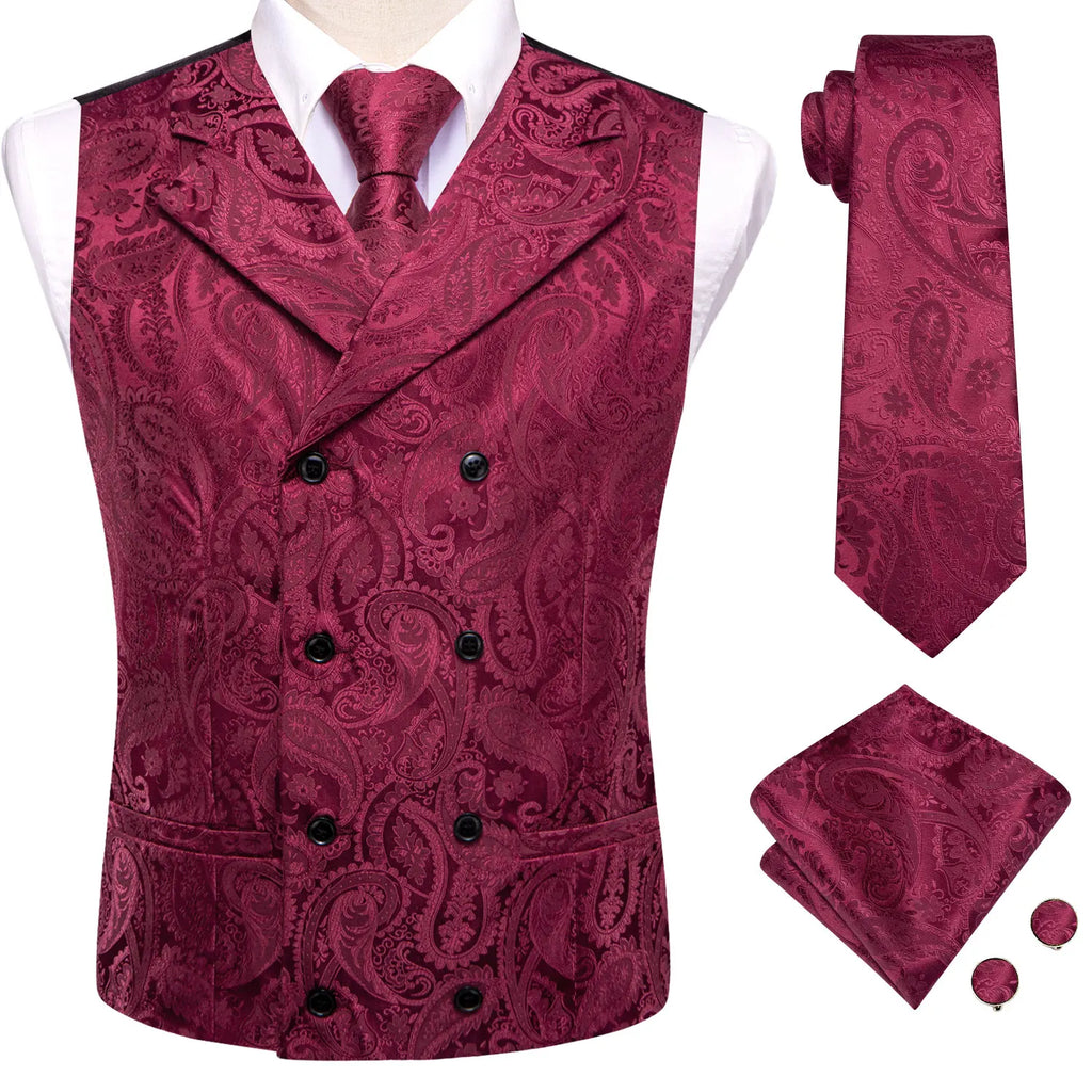 Men's burgundy paisley vest set for wedding day hair accessories