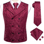 Men's burgundy paisley vest set for wedding day hair accessories