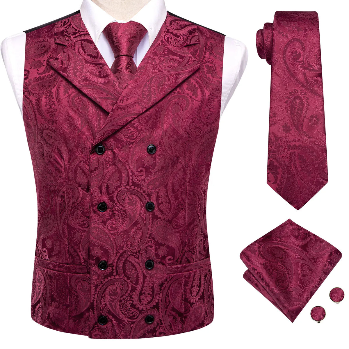 Men's burgundy paisley vest set for wedding day hair accessories