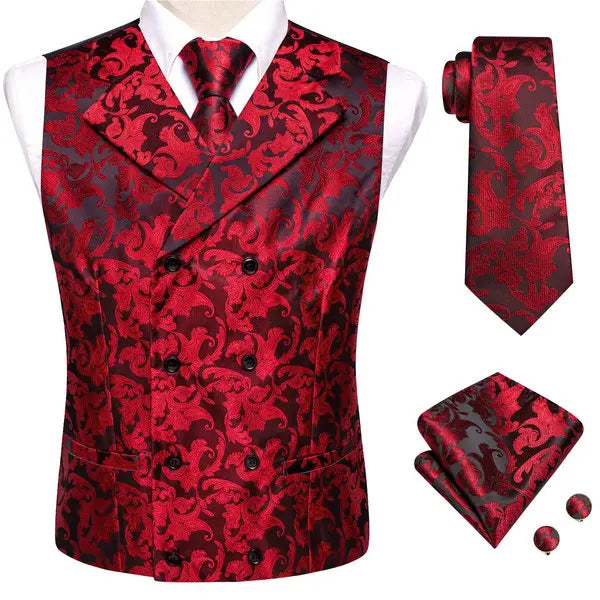 Men's red paisley vest set, elegant for wedding day hair accessories