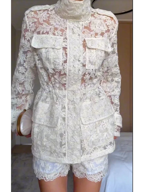 Lace wedding guest outfit summer with floral design and chic jacket