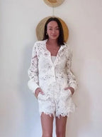 White lace wedding guest outfit summer with long sleeves and pockets