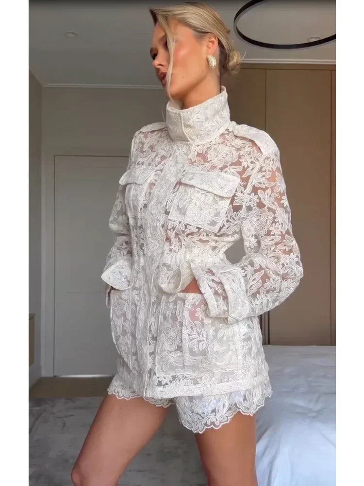 White lace jacket and shorts, perfect wedding guest outfit summer