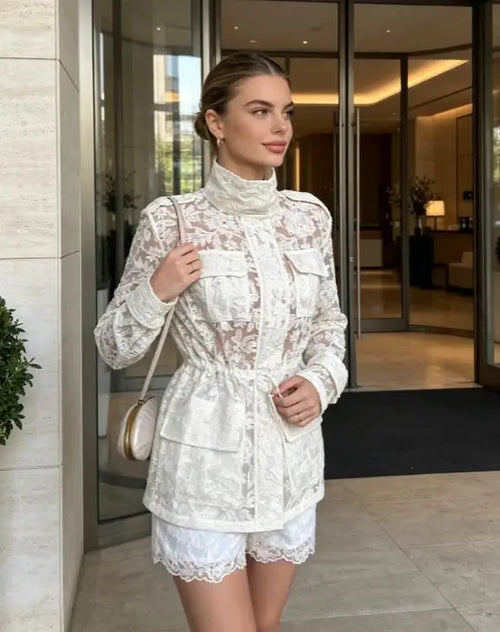 Women's white lace jacket and shorts set for wedding guest outfit summer