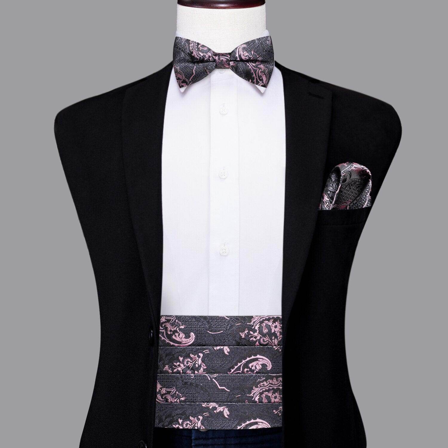 Stylish vacation wedding tuxedo set with bow tie and pocket square in floral pattern