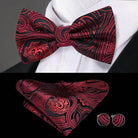 Elegant red and black bow tie with matching pocket square and cufflinks for a wedding tuxedo set