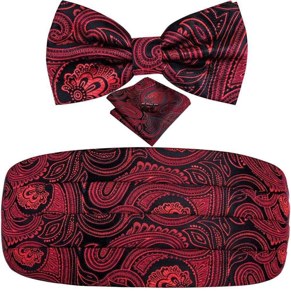 Stylish black and red paisley wedding tuxedo set including bow tie and pocket square