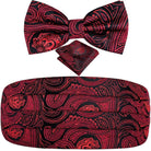 Stylish black and red paisley wedding tuxedo set including bow tie and pocket square