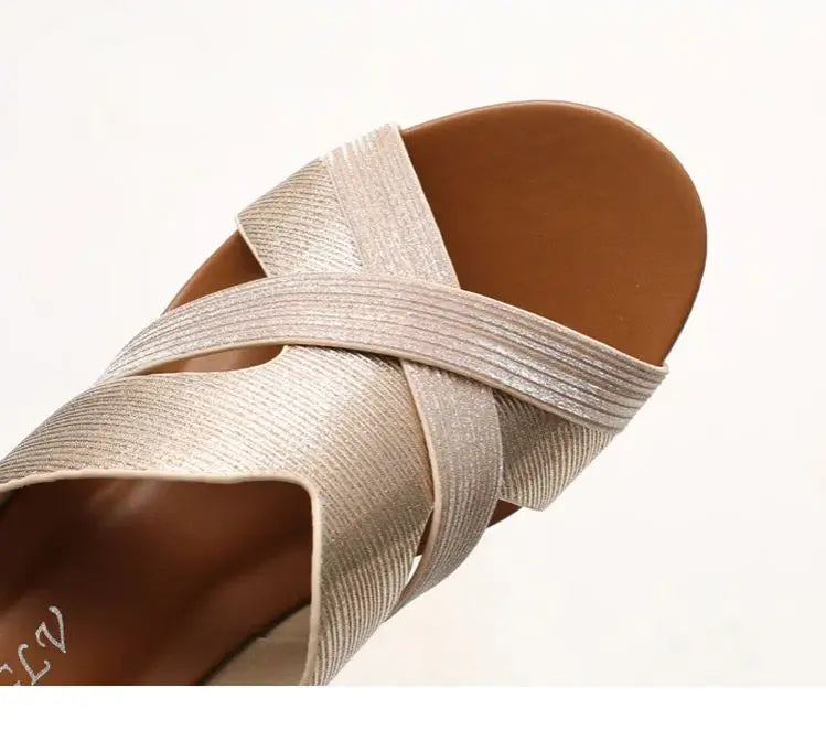 Women's beige wedge sandals, fabric straps, perfect for summer outings