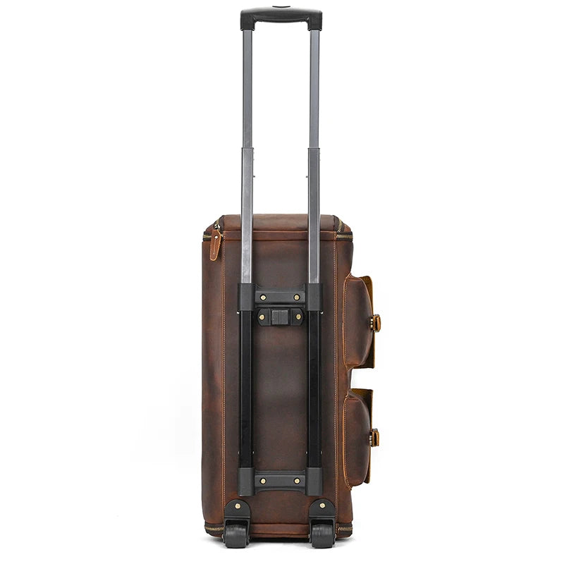 brown leather weekend bag with retractable handle and wheels