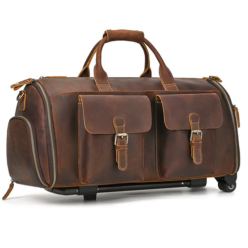 Brown leather weekend bag with multiple pockets for travel