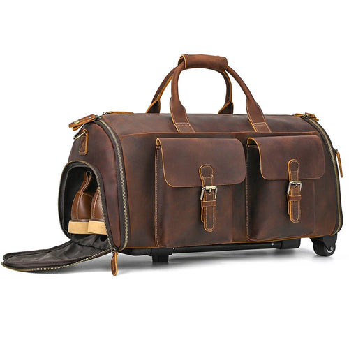 Brown leather weekend bag with shoe compartment and spacious design