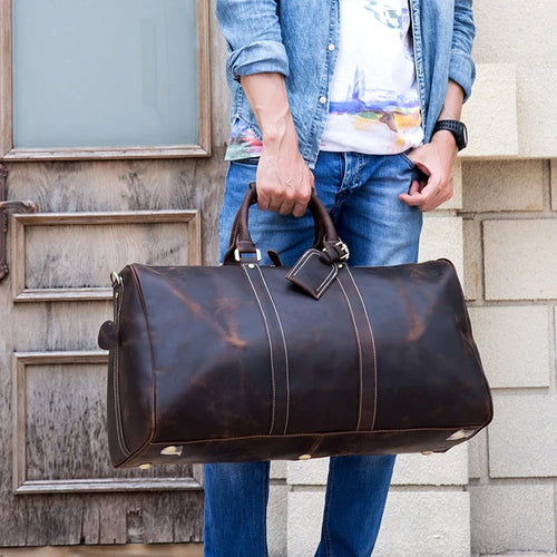 Brown leather weekend bag for stylish travel and quick getaways