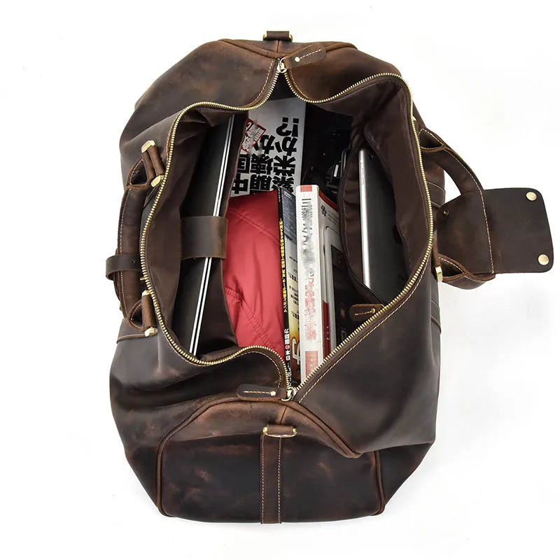 Brown leather weekend bag, spacious interior for travel essentials