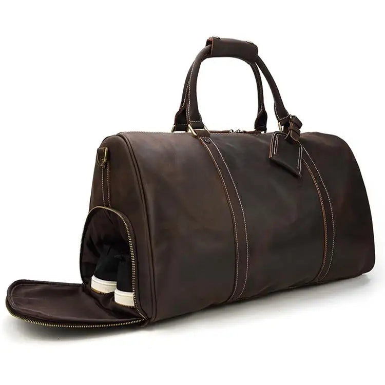 Brown leather weekend bag with separate shoe compartment