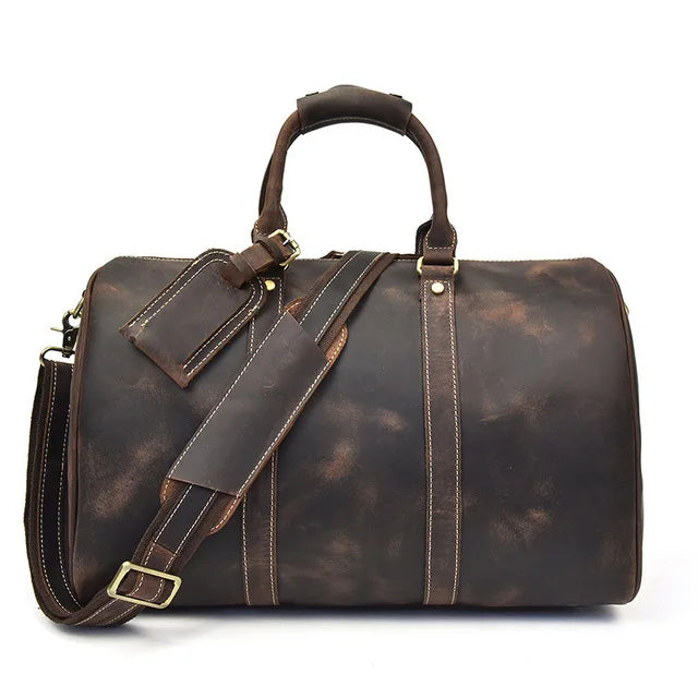 Brown leather weekend bag, perfect for travel and getaways