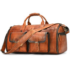 Brown leather weekender bag with multiple pockets for travel