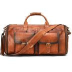 Brown leather weekender bag with two front pockets for travel