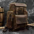Vintage leather weekender outdoor bag with multiple pockets for camping and travel adventures