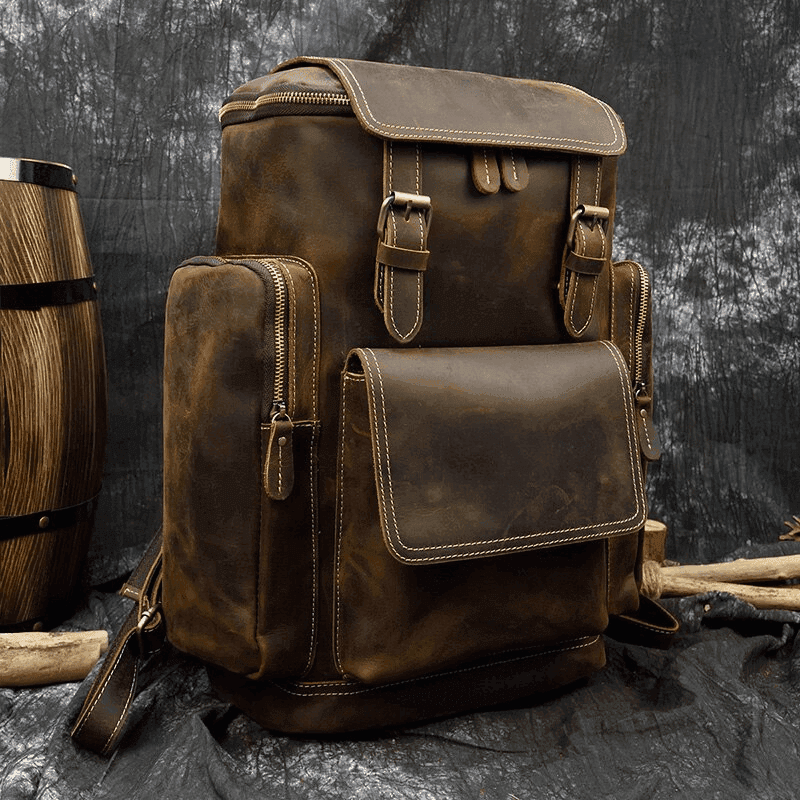 Vintage leather weekender outdoor bag with multiple pockets for camping and travel adventures