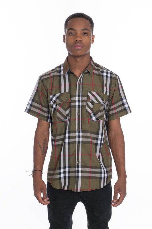 Mens Casual Short Sleeve Checker Plaid Shirts - VacationGrabs