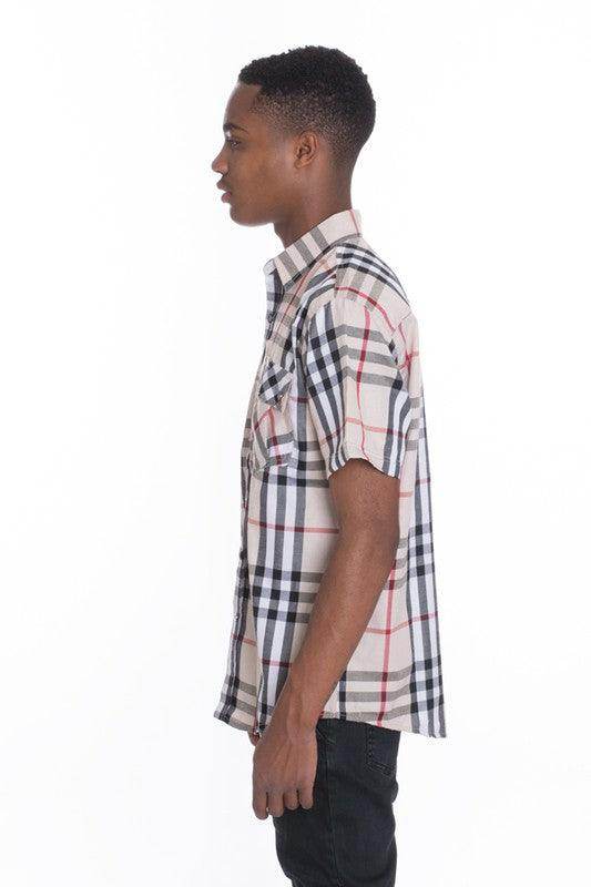 Mens Casual Short Sleeve Checker Plaid Shirts - VacationGrabs