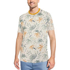 WEIV mens tropical print tshirt with beige background and green orange palm leaf pattern