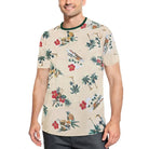 WEIV mens tropical print tshirt with palm trees and floral design on beige fabric