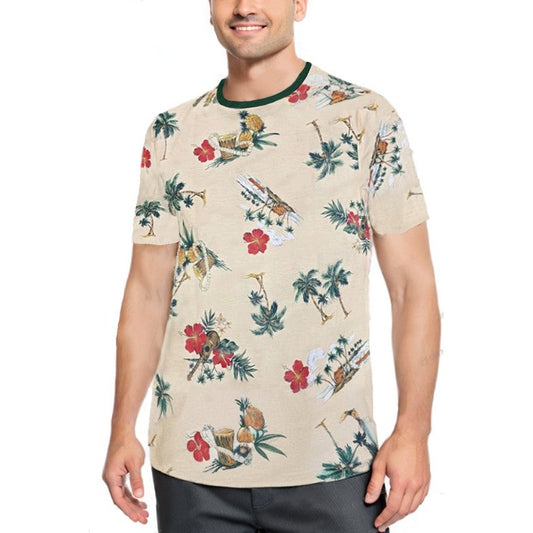WEIV mens tropical print tshirt with palm trees and floral design on beige fabric