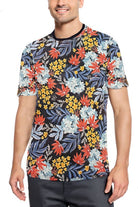 WEIV mens tropical print tshirt with colorful floral design and short sleeves on male model