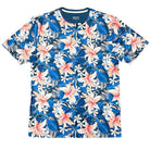 WEIV mens tropical print tshirt with vibrant blue and pink floral design on a white background